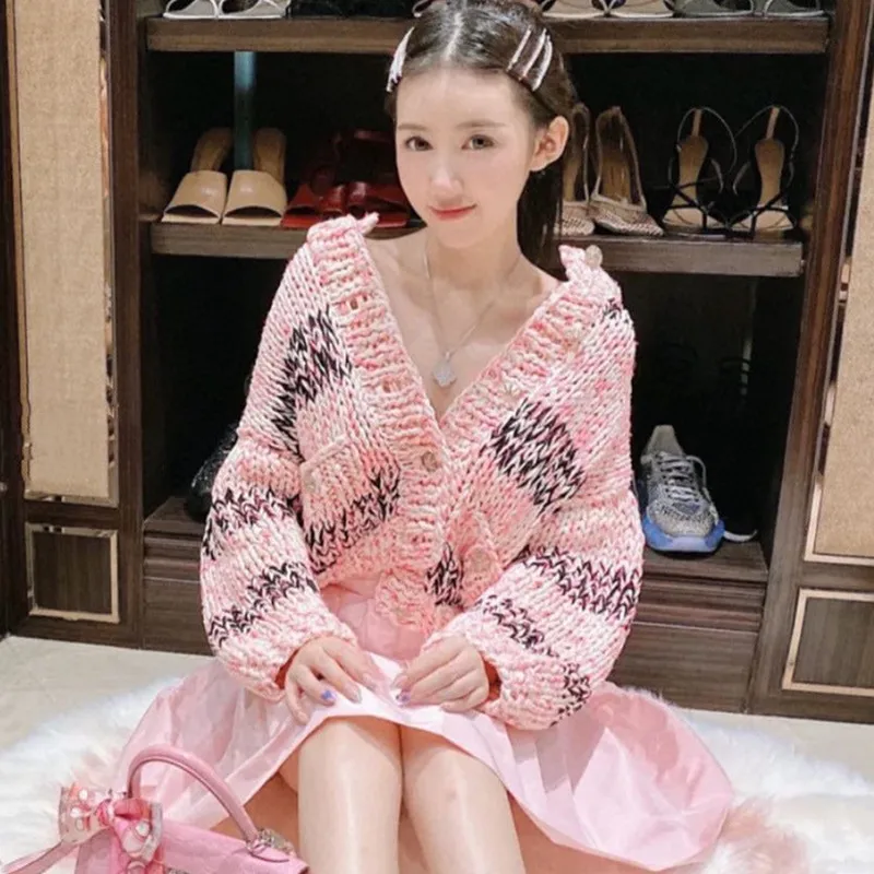

Autumn Winter Runway Women's Striped Knitted Cardigan 2020 O-neck Thick Pink Loose Short Sweater Coat Female Boutique OUTwear