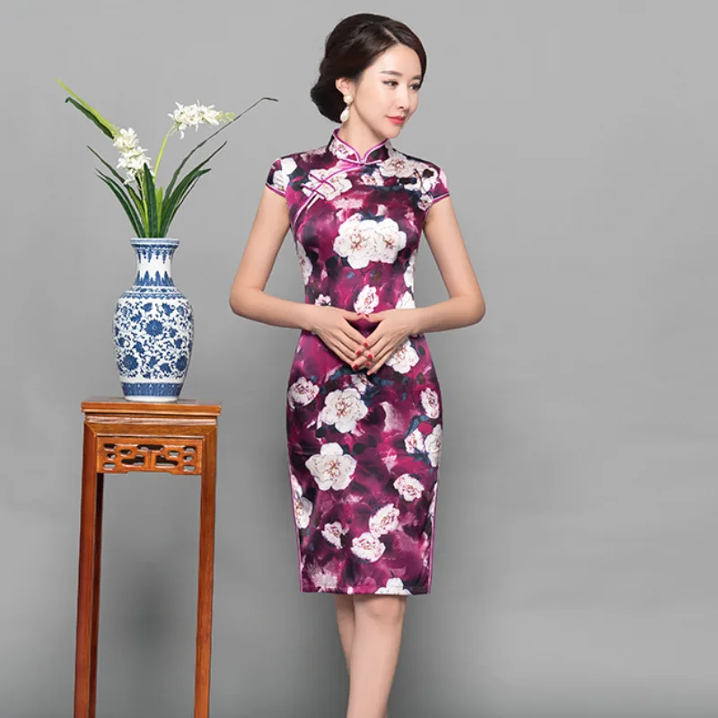 Винтажный женский натуральный шелк Cheongsam сексуальный оверсайз 3XL Qipao с цветочным принтом тонкий китайский Вечерние вечернее платье для выпускного Vestidos