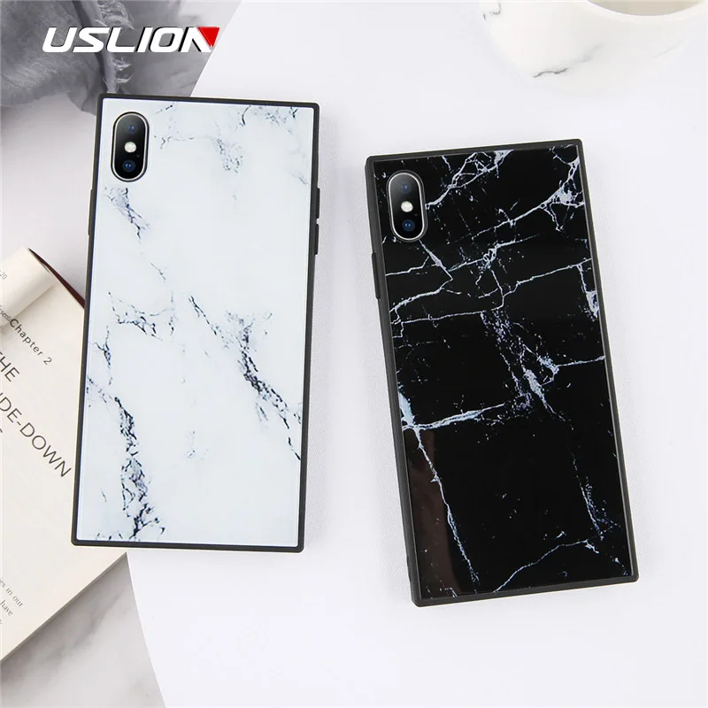 

USLION Tempered Glass Square Phone Case For iPhone X XR XS Max Marble Stone Image Back Cover For iPhone 6 6s 7 8 Plus Hard Cases