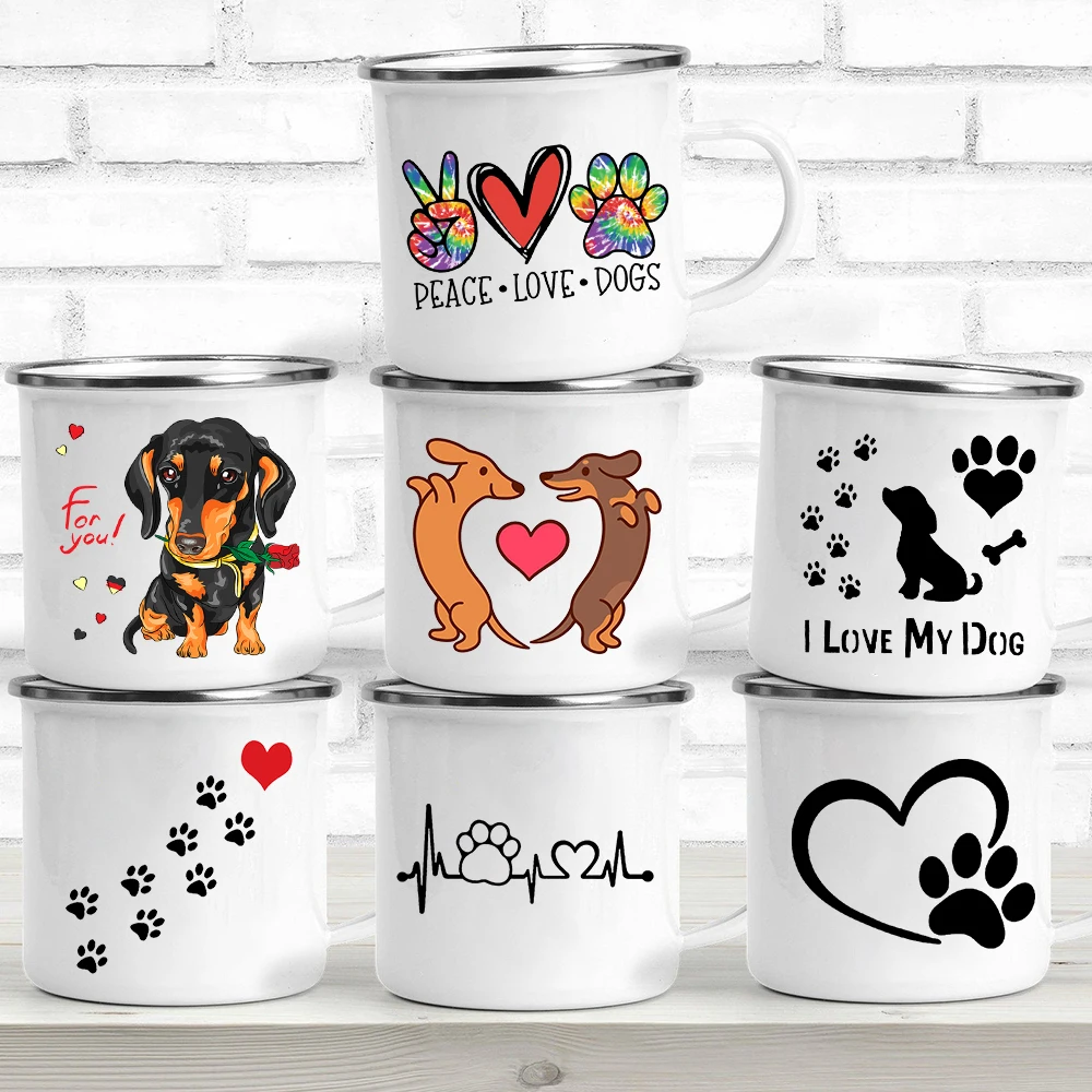 Peace Love Dogs Print Creative Enamel Coffee Mugs Cartoon Dachshunds Dog Paw Party Beer Juice Milk Cups Friend Birthday Gifts | Дом и сад