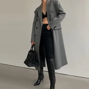 

Autumn and winter women's windbreaker casual solid color double-breasted pocket decorative windbreaker