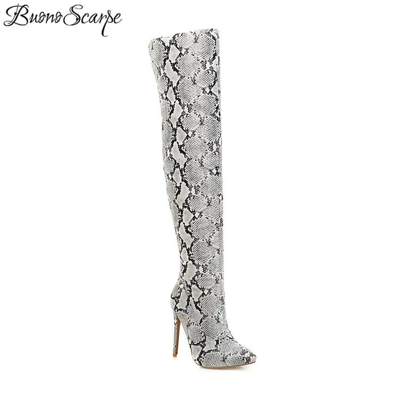Buono Scarpe/женские ботфорты до бедра с животным принтом пикантные ботфорты на выпускной со змеиным принтом; Botas Mujer; высокие сапоги на тонком высоком каблуке;