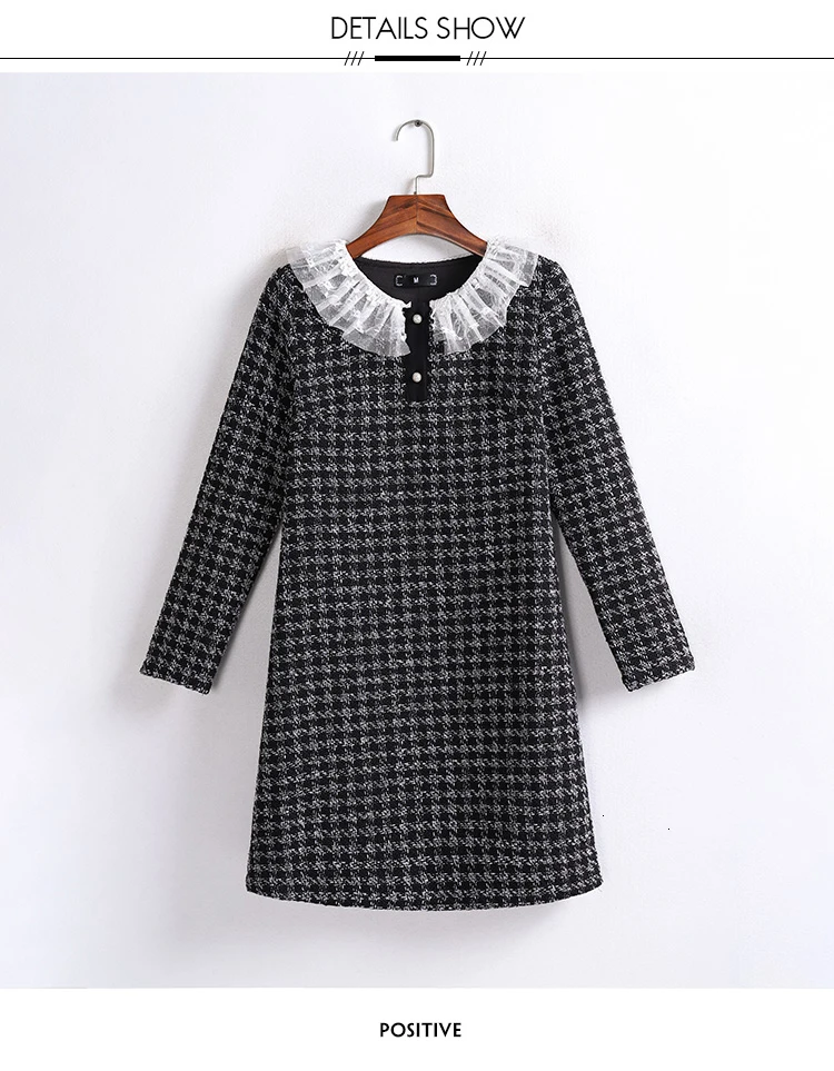 Платье в клетку размера плюс, осень-весна, 5xl-L, твид, длинный рукав, черное, повседневное, элегантное, прямое, женское платье с белым воротником