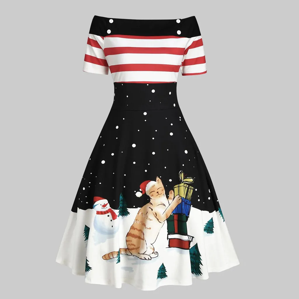 Винтажное рождественское платье больших размеров, модное женское платье с коротким рукавом и принтом кошки на пуговицах с открытыми плечами, robe de noel