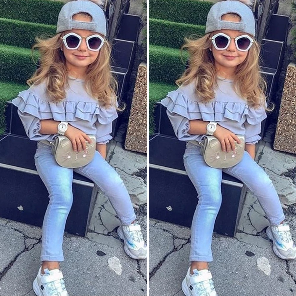 Baby Spring Autumn Clothing Boutique Kids Baby Girl Long Sleeve Ruffle Tops T-Shirt Pocket Denim Pants Jeans Outfits 1-6T