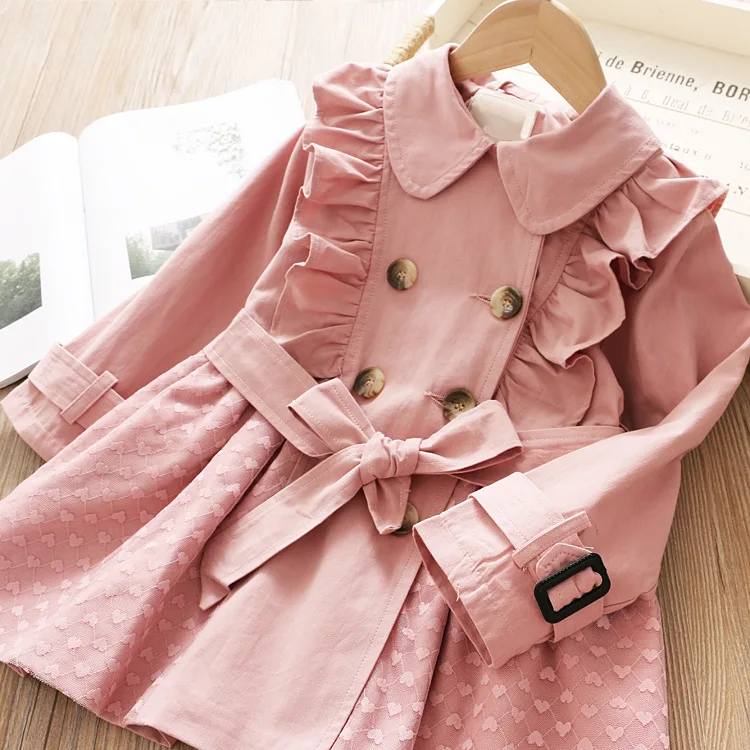 

2019 Autumn New Products Childrenswear Girls Mid-length Grid Heart Frilled Double Breasted Trench Coat CHILDREN'S Jacket 58