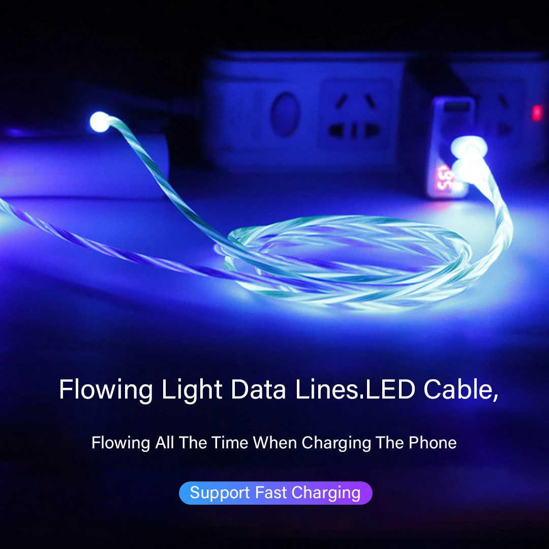 Светодиодный магнитный usb-кабель Micro USB type C, Яркий светящийся зарядный шнур, 1 м, быстрая зарядка для iPhone 7 X, samsung, Xiaomi, кабель
