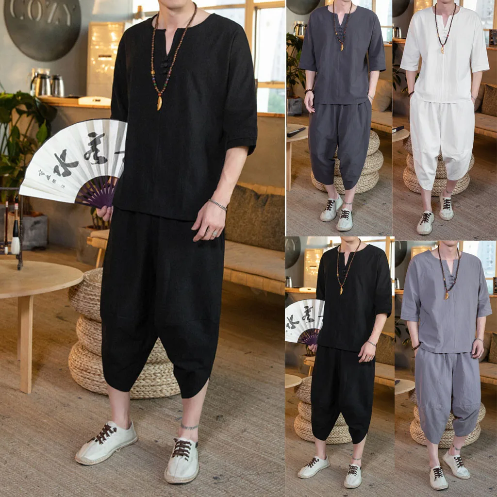 

2020 New hot Two Pieces Set Fashion Men's Summer Chinese Style Thin Large Size Linen Tang Dress Short Sleeve Set M-5XL