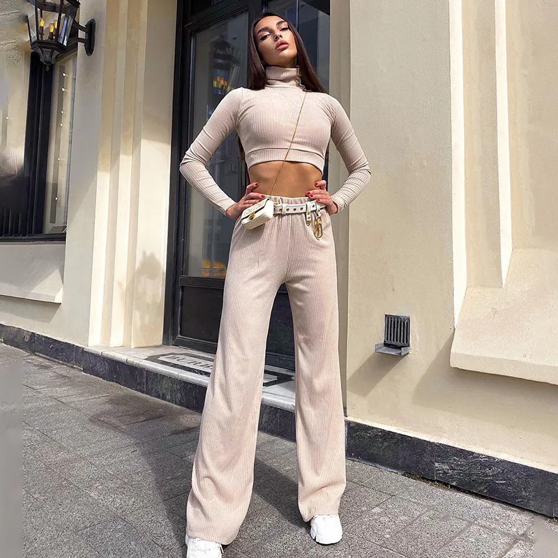 

Long Sleeve Turtleneck And Wide Leg Pants Set Fashion Solid Two Piece Set Casual Elegant Classic Minimalist Outfit