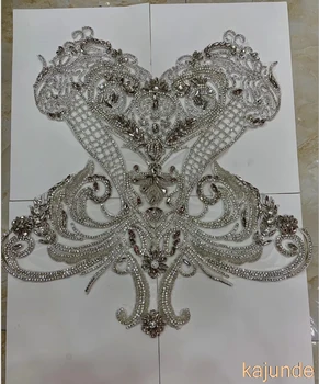 

1pcs Pure hand made sew on Rhinestones applique on mesh silver crystals patches Evening wedding dress dress accessory