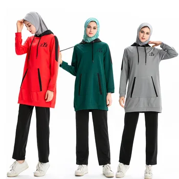 

Arab Muslim Hoodies Women Top and Pant 2 Piece Suits 2020 Spring Jogging Sports Tracksuit Hooded Sets Sweatshirt with Pockets