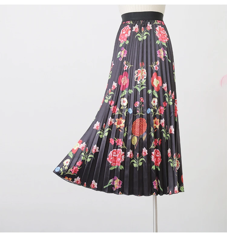 waist high Printed skirt female new slim small black skirt wild pleated skirt autumn