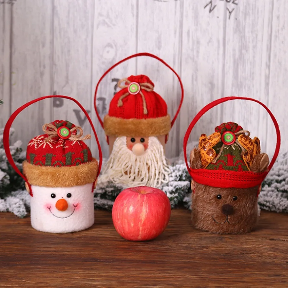 Christmas Apple Hand Basket Santa Claus Snowman Reindeer Pattern Candy Gift Basket for Home Christmas Decorations