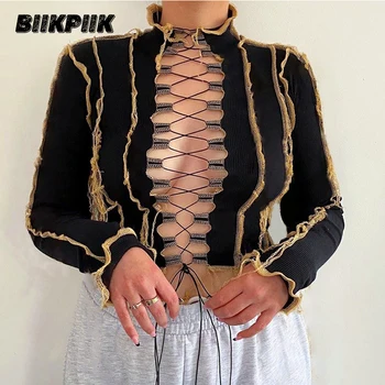 

BIIKPIIK Rework Skinny Women T-shirts Hollow Out Long Sleeve Sexy Crop Top Patchwork Solid All-match Female Tees Autumn Tops