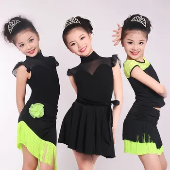 

Girls Kids Lace Splice Latin Dance Dress Suits Children Fringe Skirt Ballroom Modern Dance Costumes