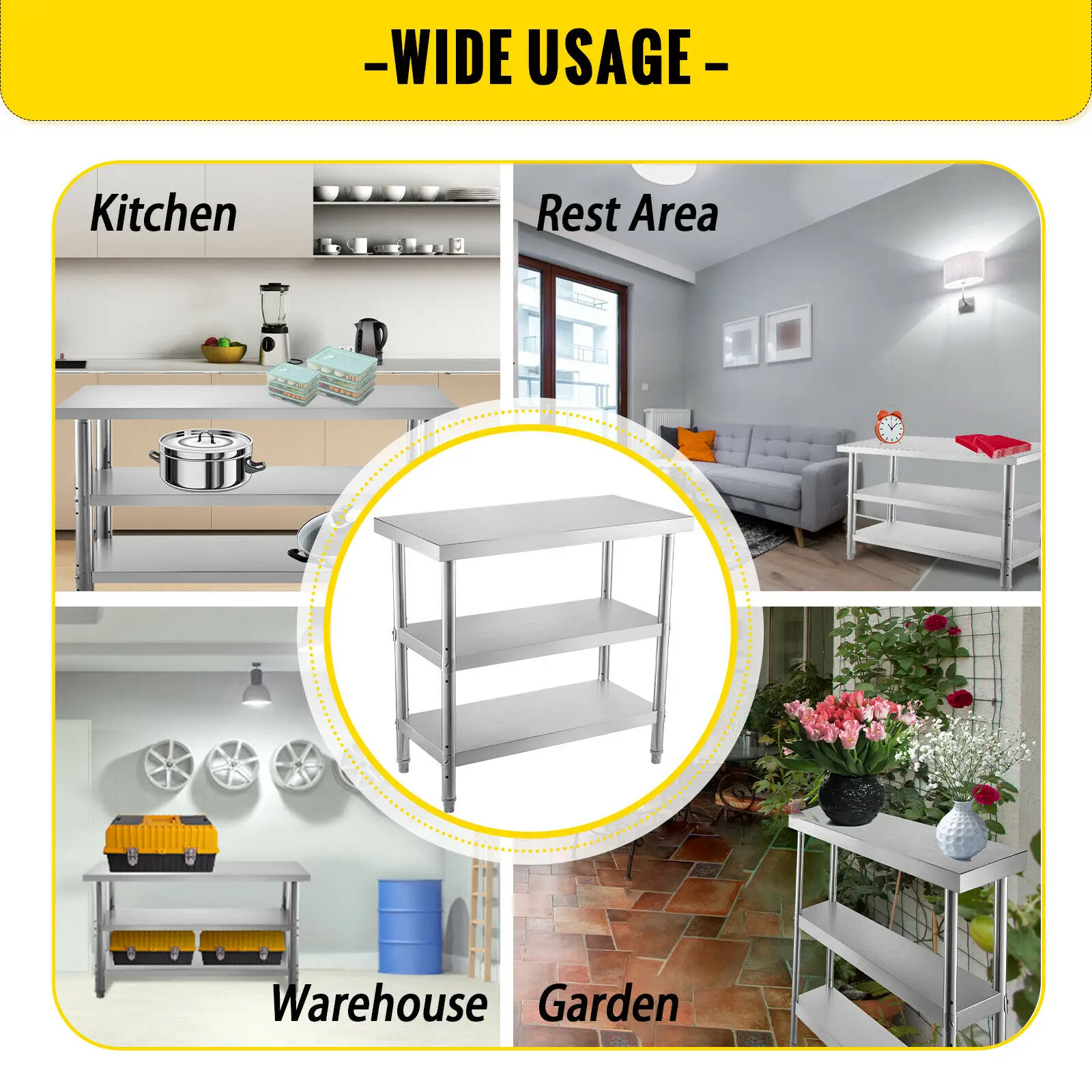 SucceBuy Stainless Steel Work Table Storage Shelve Commercial Kitchen Food Prep with Installation for Projects Cafeteria Hotel