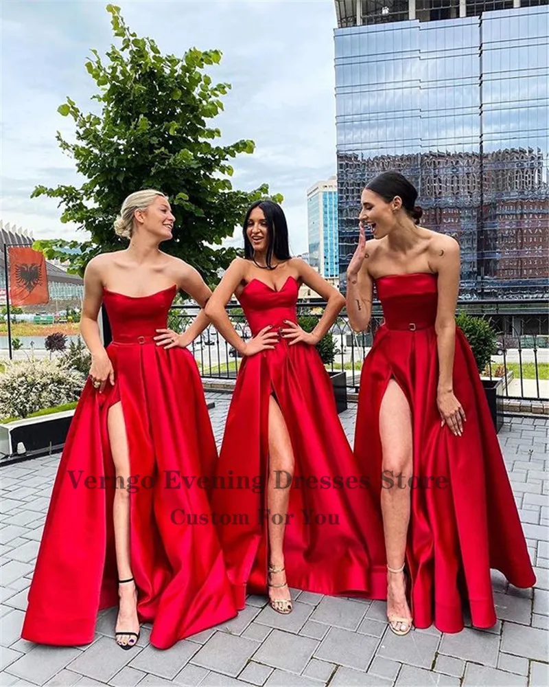Verngo New Red Satin Long Bridesmaid Dresses Simple Wedding Party Gowns With Pockets Slit Mixed Style Maid Of Honor Dress