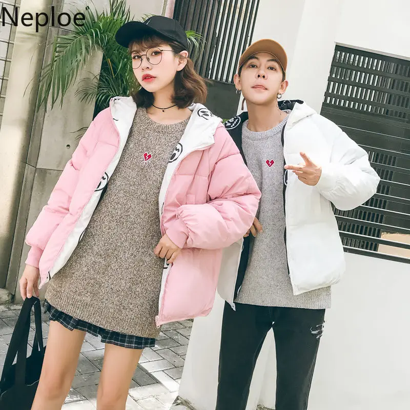 Neploe/зимнее хлопковое пальто с двойным лицом в Корейском стиле; женская утепленная куртка с принтом «Улыбка» для влюбленных; свободные парки на молнии; 46760