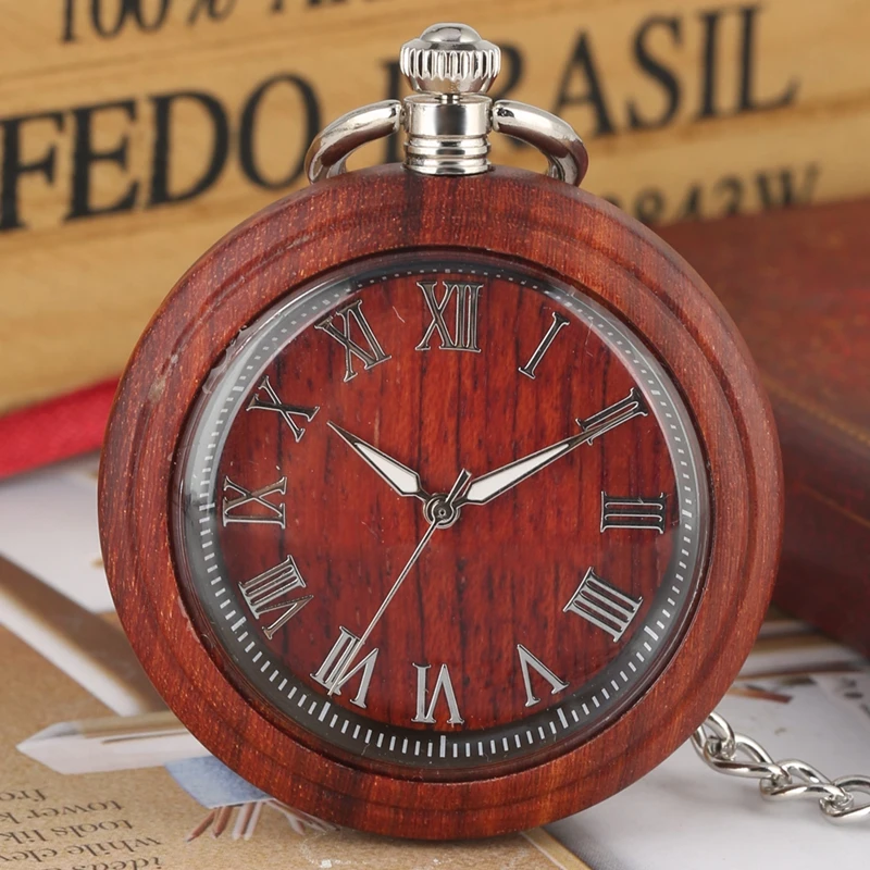Ретро Черные Деревянные Часы мужские красные сандаловые кварцевые карманные часы римские буквы модные светящиеся иглы 30 см цепочка брелок