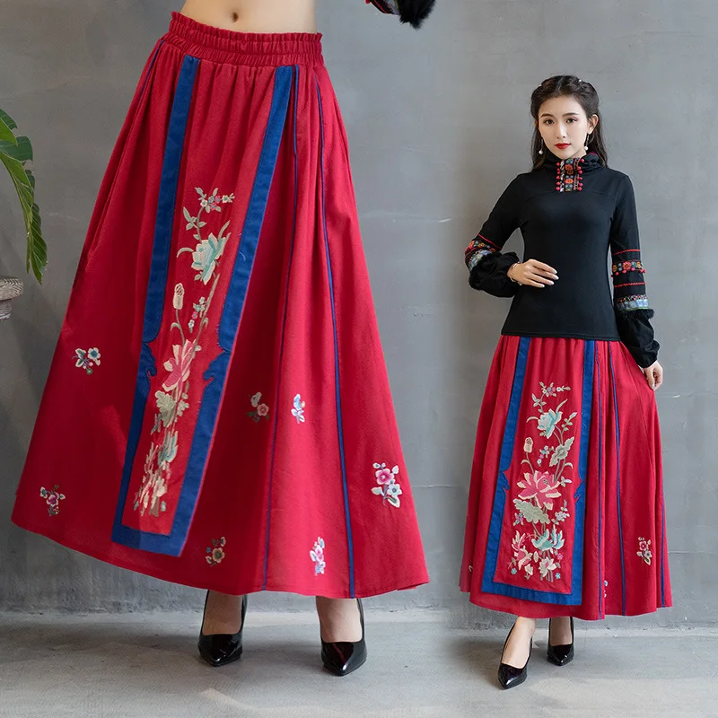 

New Style Ethnic-Style Colored Cloth Joint Applique Flower Irregular Skirt