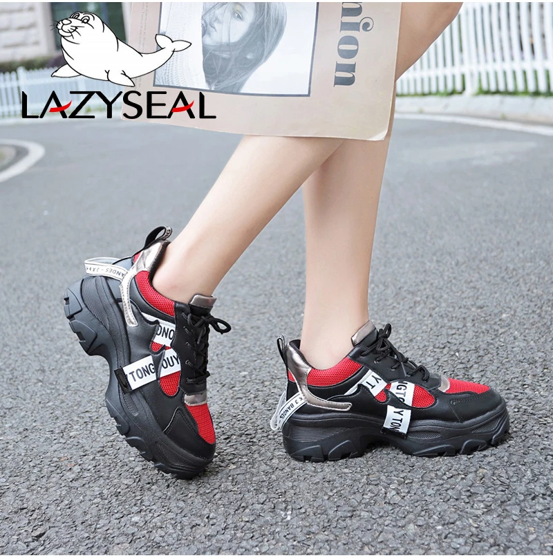 LazySeal/обувь, увеличивающая рост; женские кроссовки; ботильоны для женщин; обувь на шнуровке с круглым носком на массивном каблуке; женский Вулканизация