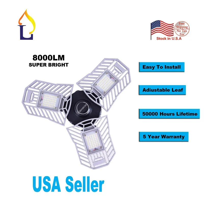 

80W 6000K LED Deformable High Bay Light Adjustable Garage Lamp Ceiling Lighting Industrial light for Garage/Gas Station/Workshop