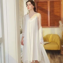 Осенняя ночная рубашка для Для женщин кружева свободный комплект для девочек, комплект из двух предметов, халат, ночная рубашка Сладкая принцесса одежда для сна домашнее платье с кружевом