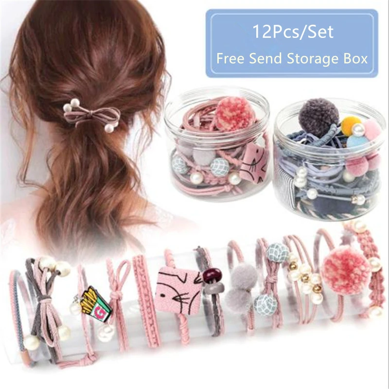 12Pcs Spring Section Rubber Band Hair Rope Korea Small Fresh Xinsen Women's Simple Headgear Leather Headband Hair Ring
