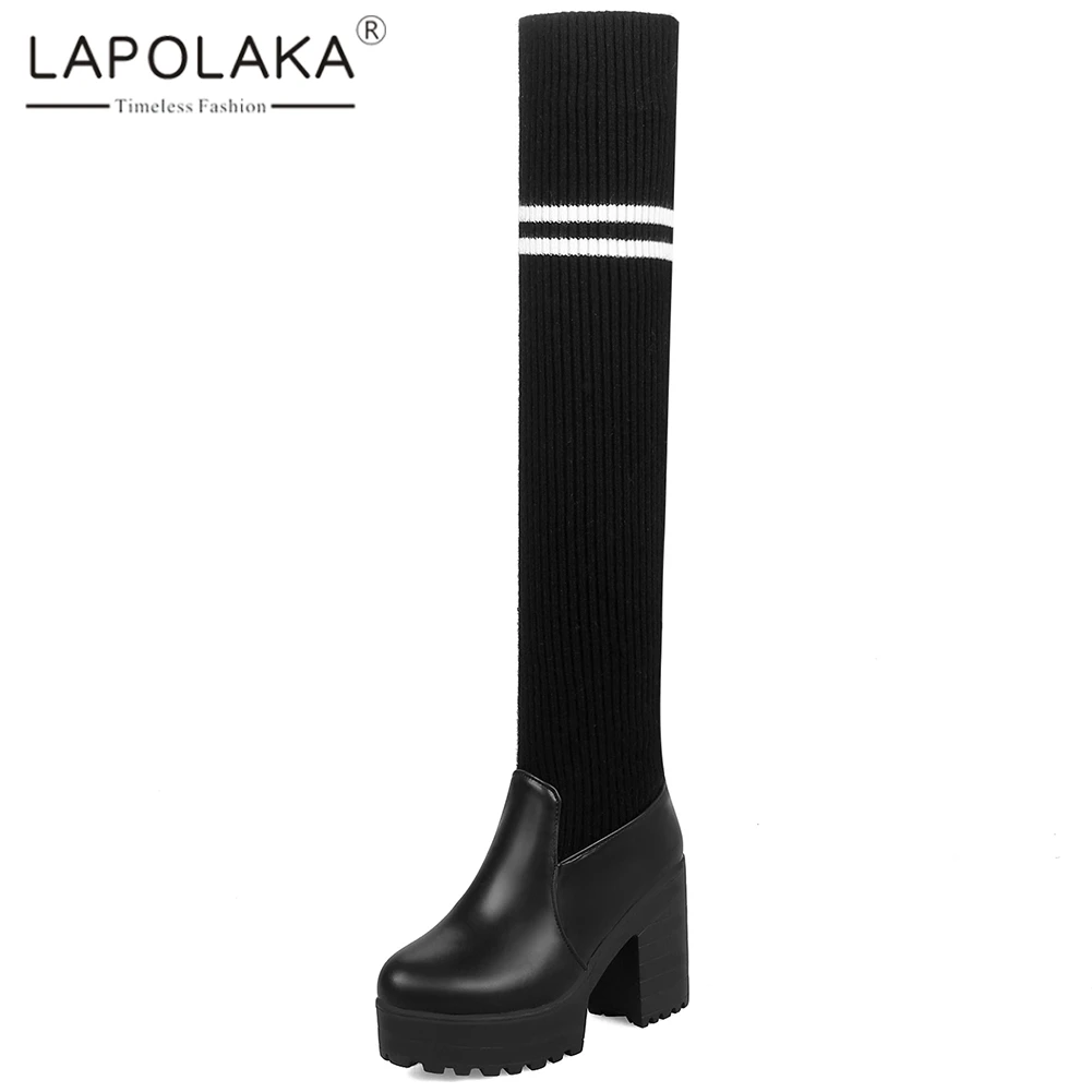 Lapolaka/ г. Лидер продаж, модные дизайнерские ботфорты на не сужающемся книзу высоком массивном каблуке Женская обувь женские Стрейчевые сапоги на платформе без застежки