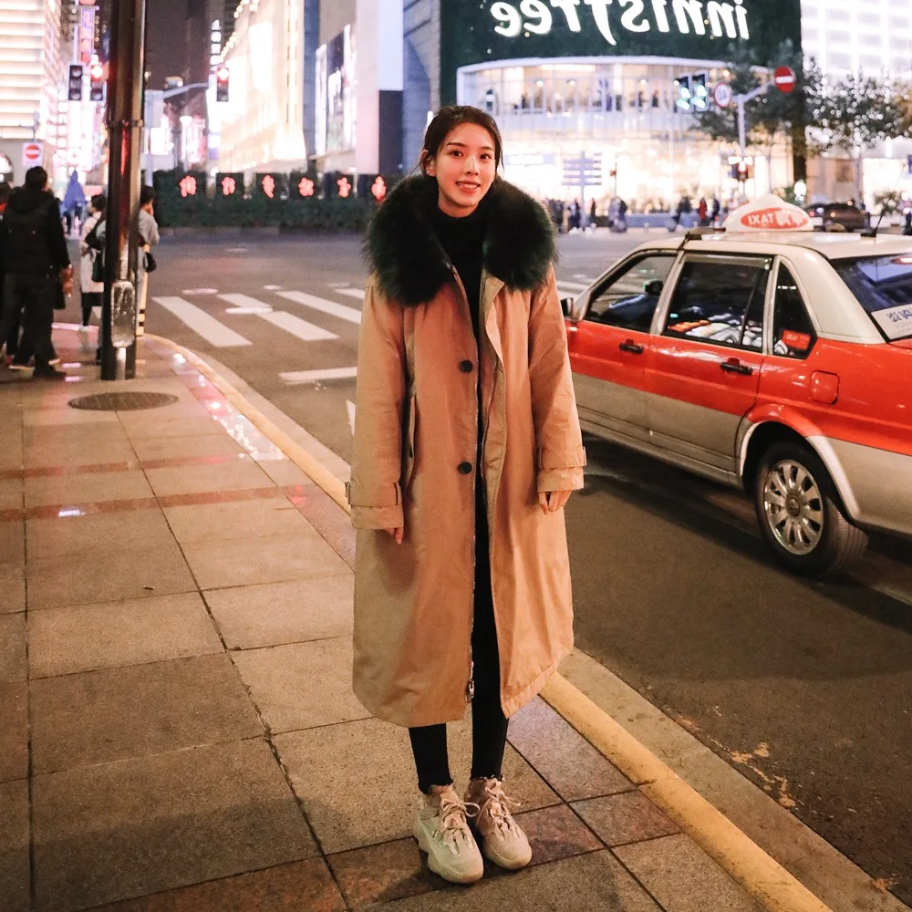 

Photo Shoot 2018 Winter New Style Korean-style WOMEN'S Wear-Style Retro Workwear Long Fur Collar Hooded Cotton Coat Cotton-padde