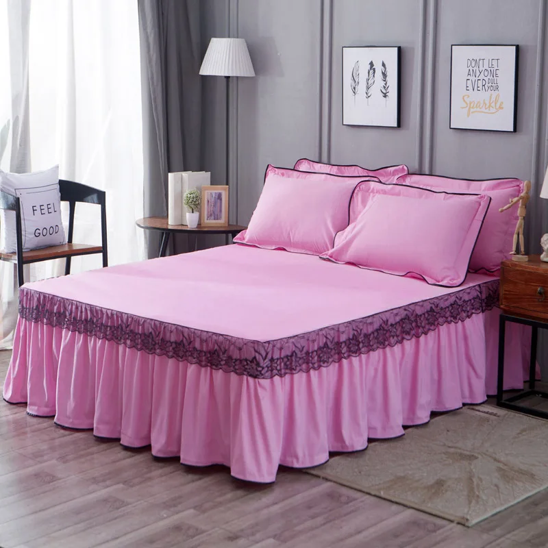 Pink Нескользящая кружевная кромка гофрированная кровать юбка покрывало простыня покрывало изящное шлифованное однотонное покрывало королева король размер постельные принадлежности - Цвет: Pink