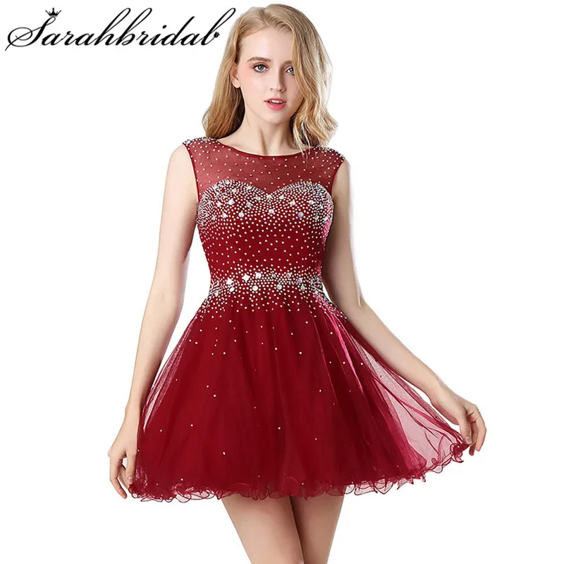 Sweet Burgundy Short Homecoming Dresses Sheer Neck Backless Tulle Crystal Beads Women Girl Party Graduation Cocktail Gowns AJ032