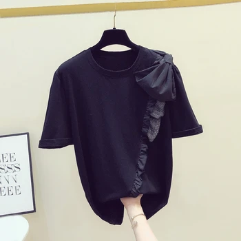 

Korean elegant black tee shirt femme Ruflles Bow patchwork short sleeve t shirt women cotton casual modis tshirt 2020 summer top