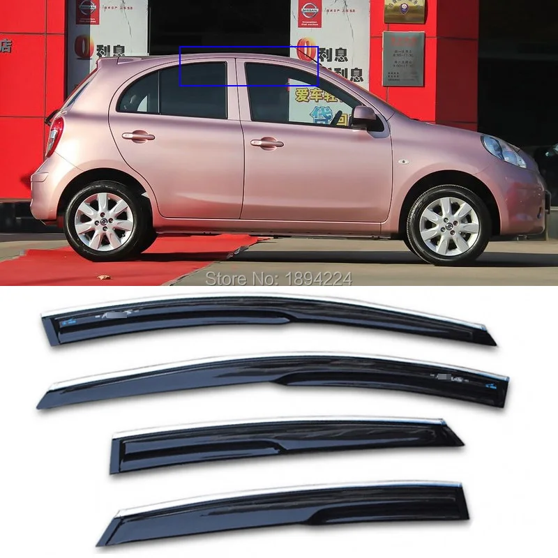 

4pcs Silver Trim Window Visor Shade Vent Wind Rain Deflector Guards For Nissan March