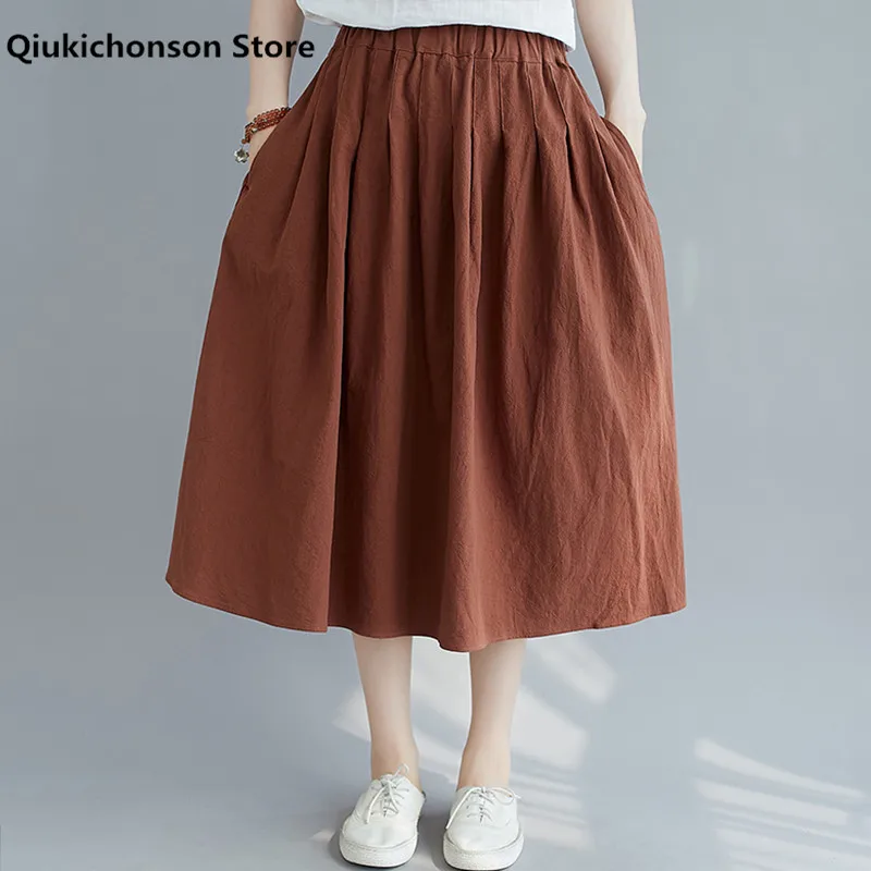 Spring Summer Women Skirts Mori Girl Literary Casual Elastic High Waist A-Line Cotton Linen Long Midi Pleated Skirts With Pocket