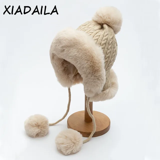 Outdoor Earflap hat Wool Knitted Snow Ski Cap Fleece Bomber Trapper Hat Women Ushanka Faux Fox Fur Pompom Winter Russain Cossack 1