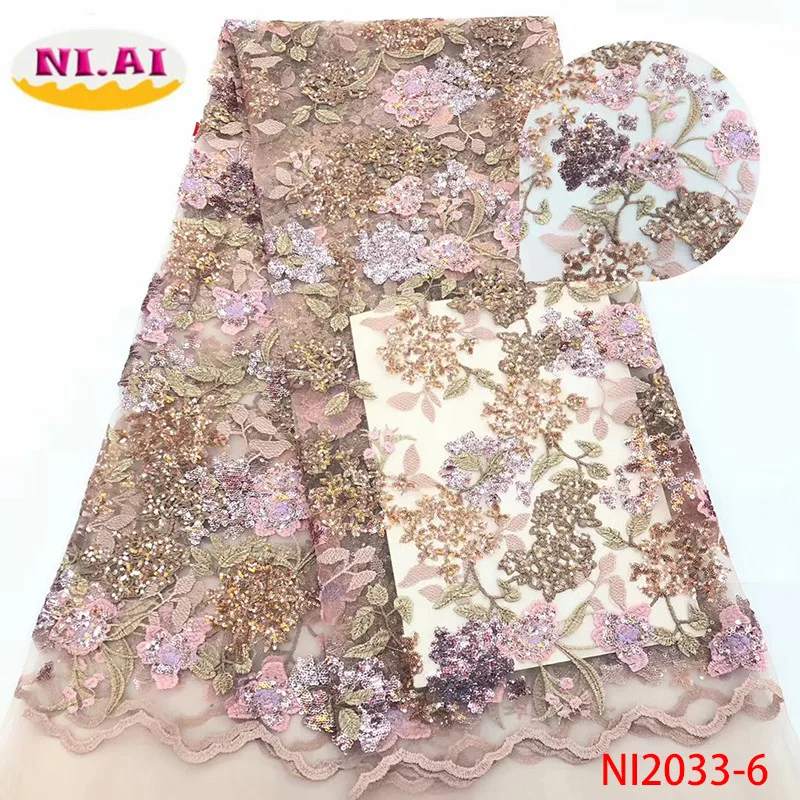 

NIAI Latest African Net Lace Fabric 2019 High Quality Sequins Nigerian Lace Fabrics 5Yards French Tulle Lace Material NI2033-6