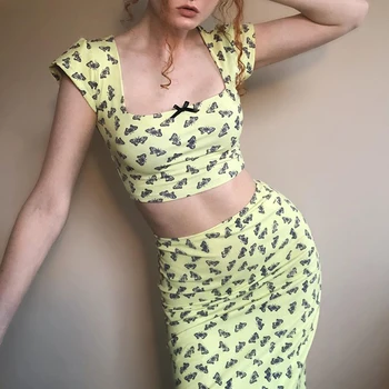 

Women Two Piece Set Crop Top Midi Skirt Sexy Elegant Festival Matching Clothes Party Night Club Summer Outfits