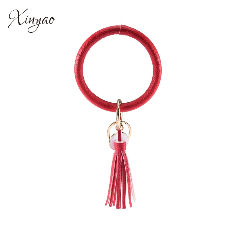 red color Многоцветная цепочка для ключей из искусственной кожи с круглым вырезом на заказ, браслет-браслет с кисточкой, брелок для женщин и девушек, массивное ювелирное изделие - Цвет: red color