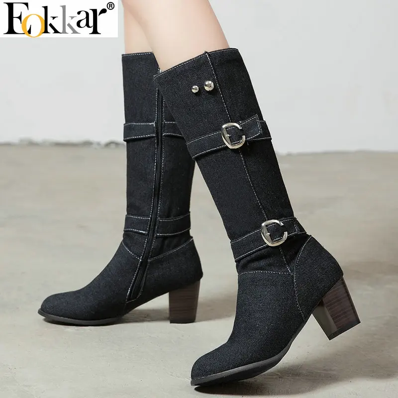

Eokkar 2020 Women Knee High Boots Stacked Heel All Match Winter Boots Round Toe Zipper Elegant Denim Ladies Boots Size 34-43