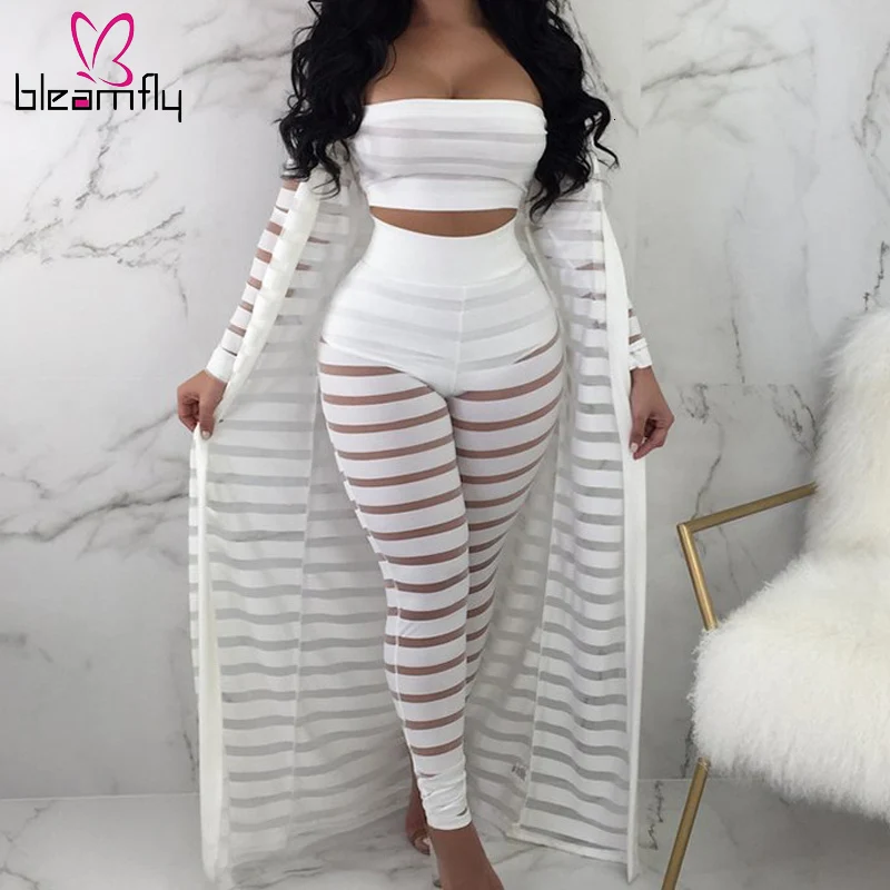 

Women see through Sexy 3 Piece Long Set Cardigan Cloak Coat + Crop Tops + Legging Pants Set Summer Outfits Stripe Red Tracksuits