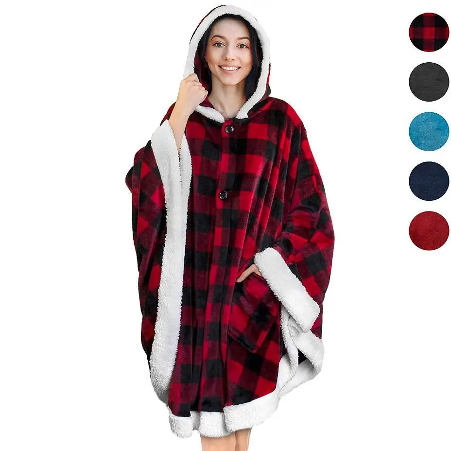 Poncho Pull Over Sweatshirt Plaid Rouge Carreau - Homme & Femme