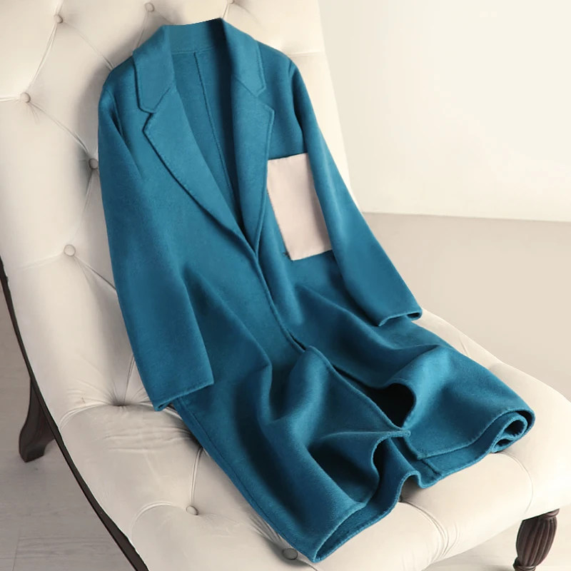 Осенне-зимнее двустороннее кашемировое пальто женское свободное прямое шерстяное пальто - Цвет: blue 1