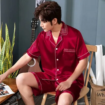 

Big Size 3XL Men Pajamas Sets Satin Shirt&Shorts Silky 2PCS Sleepwear Summer Short Sleeve Pyjamas Suit Casual Loose Home Clothes