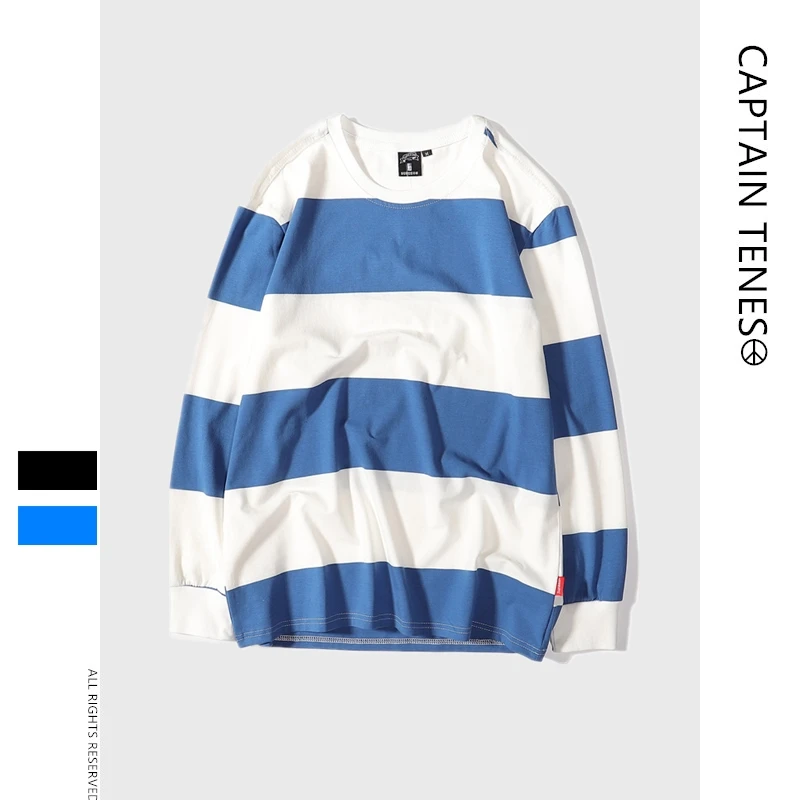 Captain TeNes Autumn New Men's Fashion Round Neck Stripe and Long Sleeve T-shirt Casual Pure Cotton Bottom Shirt TEE Captain TeNes Autumn New Men's Fashion Round Neck Stripe and Long Sleeve T-shirt Casual Pure Cotton Bottom Shirt TEE