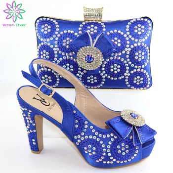 

hot African Shoes And Bag Matching Set With Royal blue Hot Selling Women Italian Shoes And Bag Set For Party Wedding