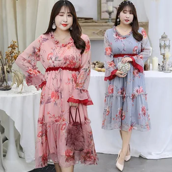 

Lady Dress Chiffon Ruffles Party Summer Floral Print Plus Size Woman Oversized Casual Beach Sweet Work Dresses 4xl