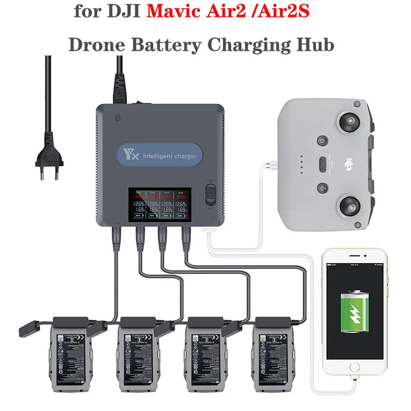 

6 in 1 Battery Charging Hub Fast Smart Battery Charger Digital display Battery Charger with USB for DJI Mavic Air2/ Air2S Drone
