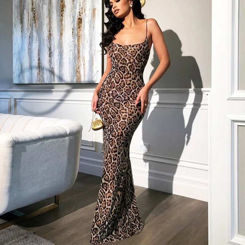 Leopard Print Sleeveless Sling Beach Dress Women High Waist Sexy Hollow Open Back Splicing Zipper Pencil Female Summer | Женская одежда