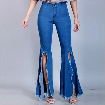 

Women's Fashion Bell-bottomed Jeans Streetwear Style High Waist Women Wide Leg Pants Navy Blue Slim Fit Sexy Hips Long Trousers